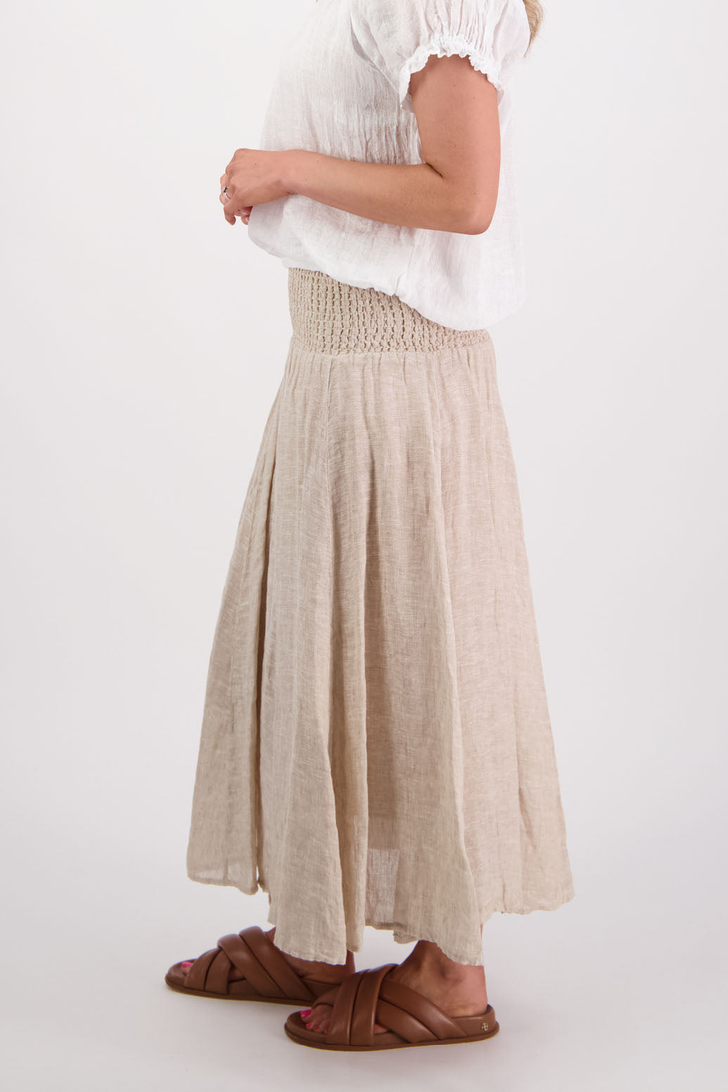 Womens Linen Maxi Skirt with Shirred Waist and Lining. Briarwood NZ. Parson, Natural