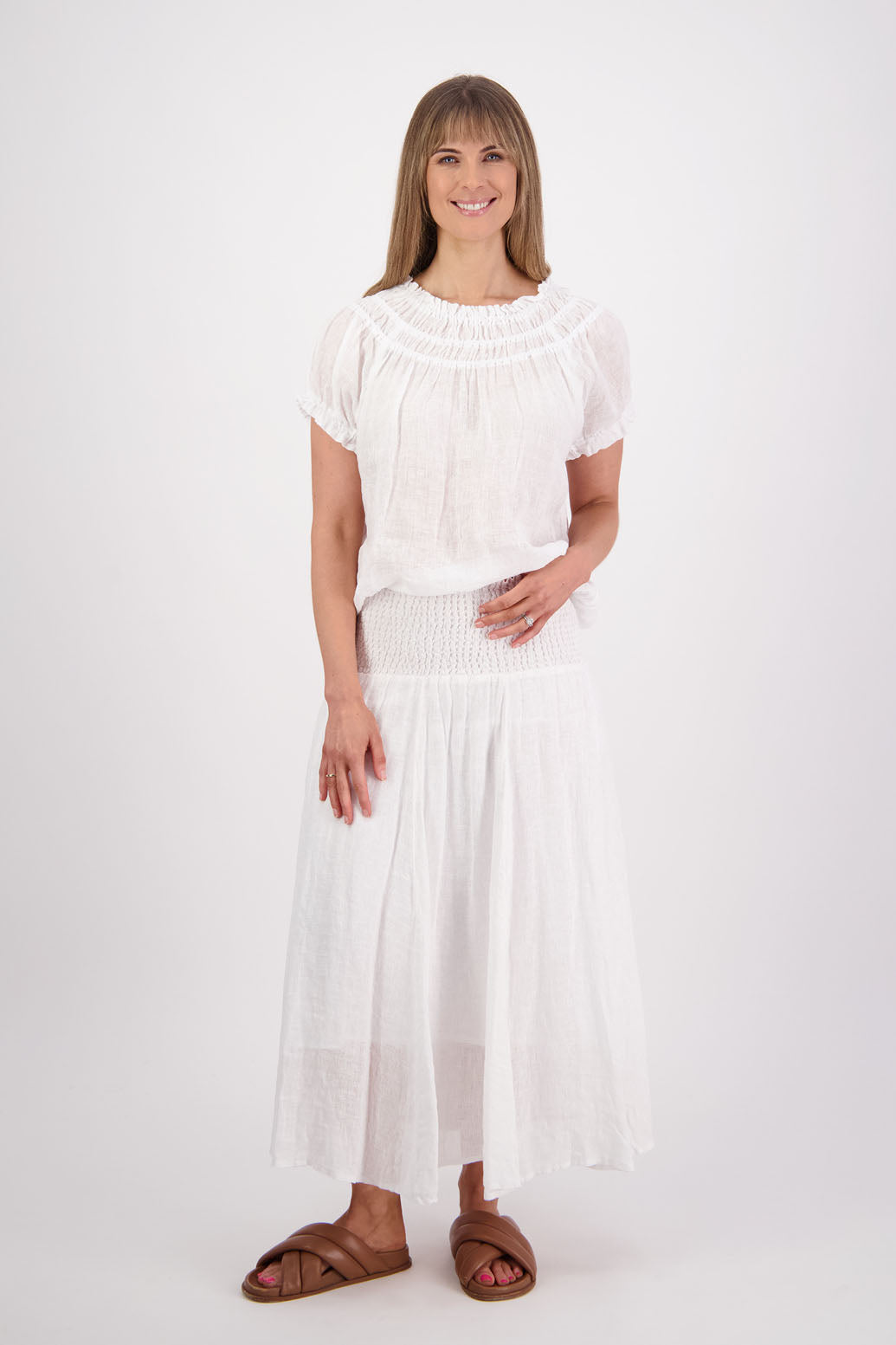 Womens Linen Maxi Skirt with Shirred Waist and Lining. Briarwood NZ. Parson, White