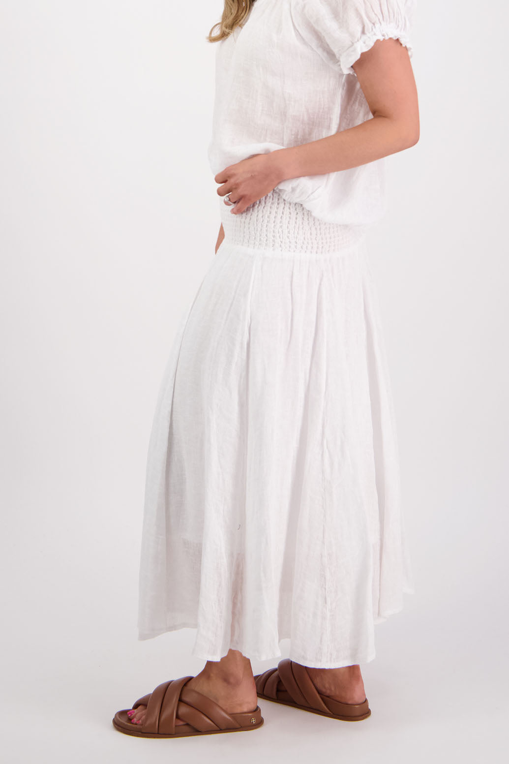 Womens Linen Maxi Skirt with Shirred Waist and Lining. Briarwood NZ. Parson, White