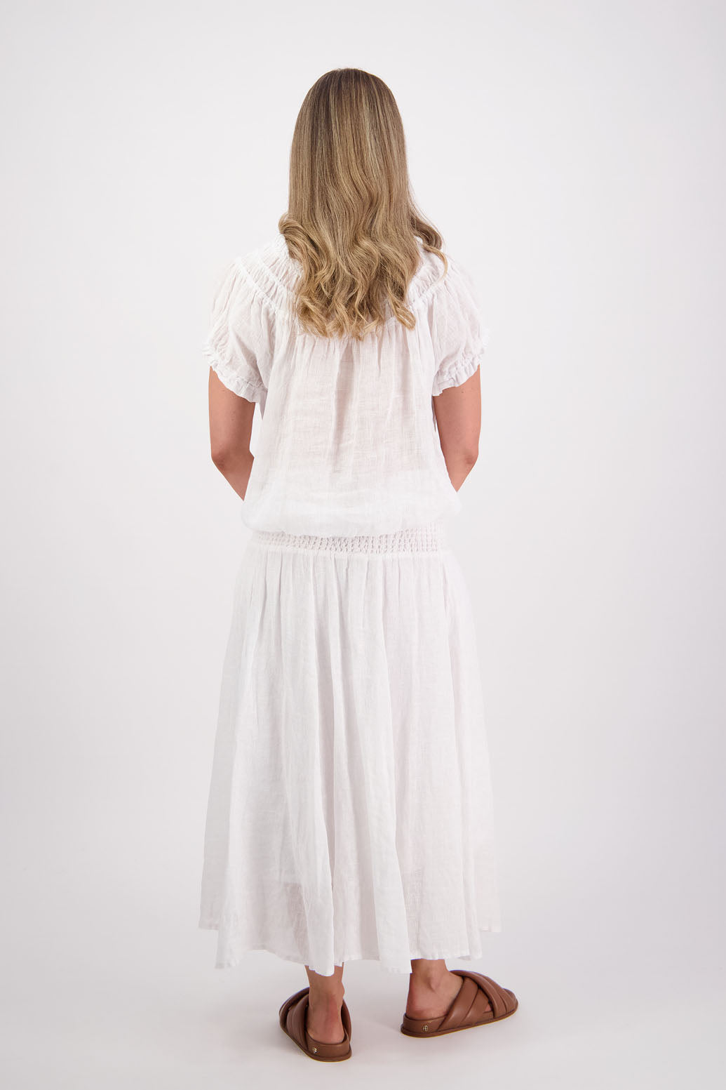 Womens Linen Maxi Skirt with Shirred Waist and Lining. Briarwood NZ. Parson, White
