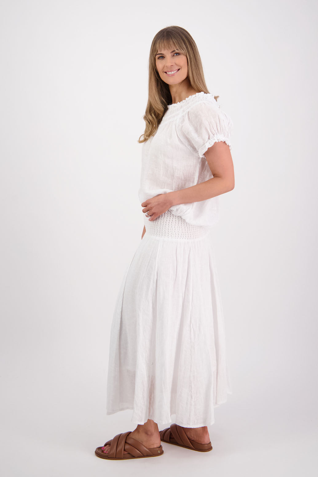 Womens Linen Maxi Skirt with Shirred Waist and Lining. Briarwood NZ. Parson, White