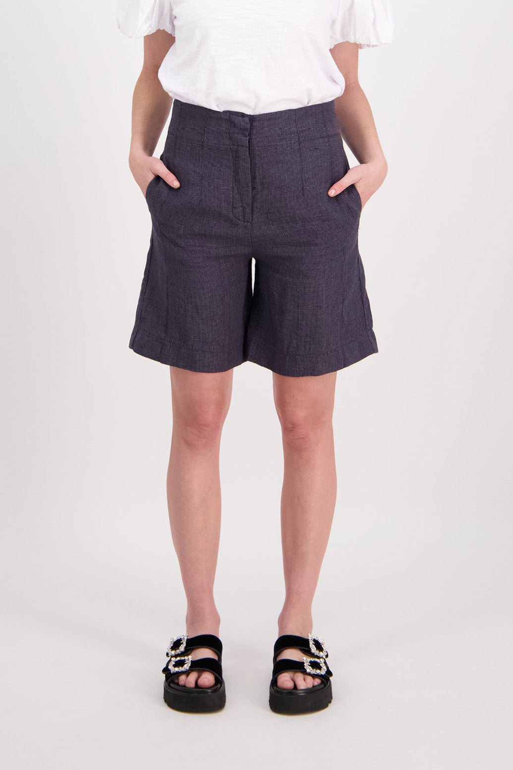 Pax Longline Linen Short - Black Houndstooth