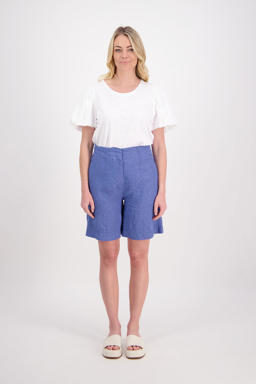 Pax Longline Linen Short - Bright Blue Houndstooth