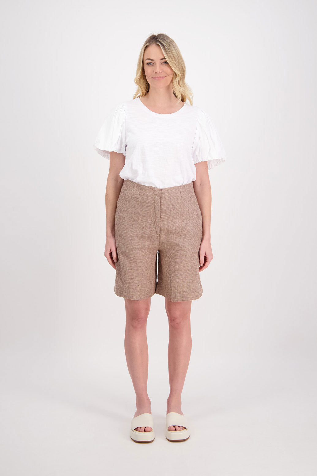 Pax Longline Linen Short - Camel Houndstooth