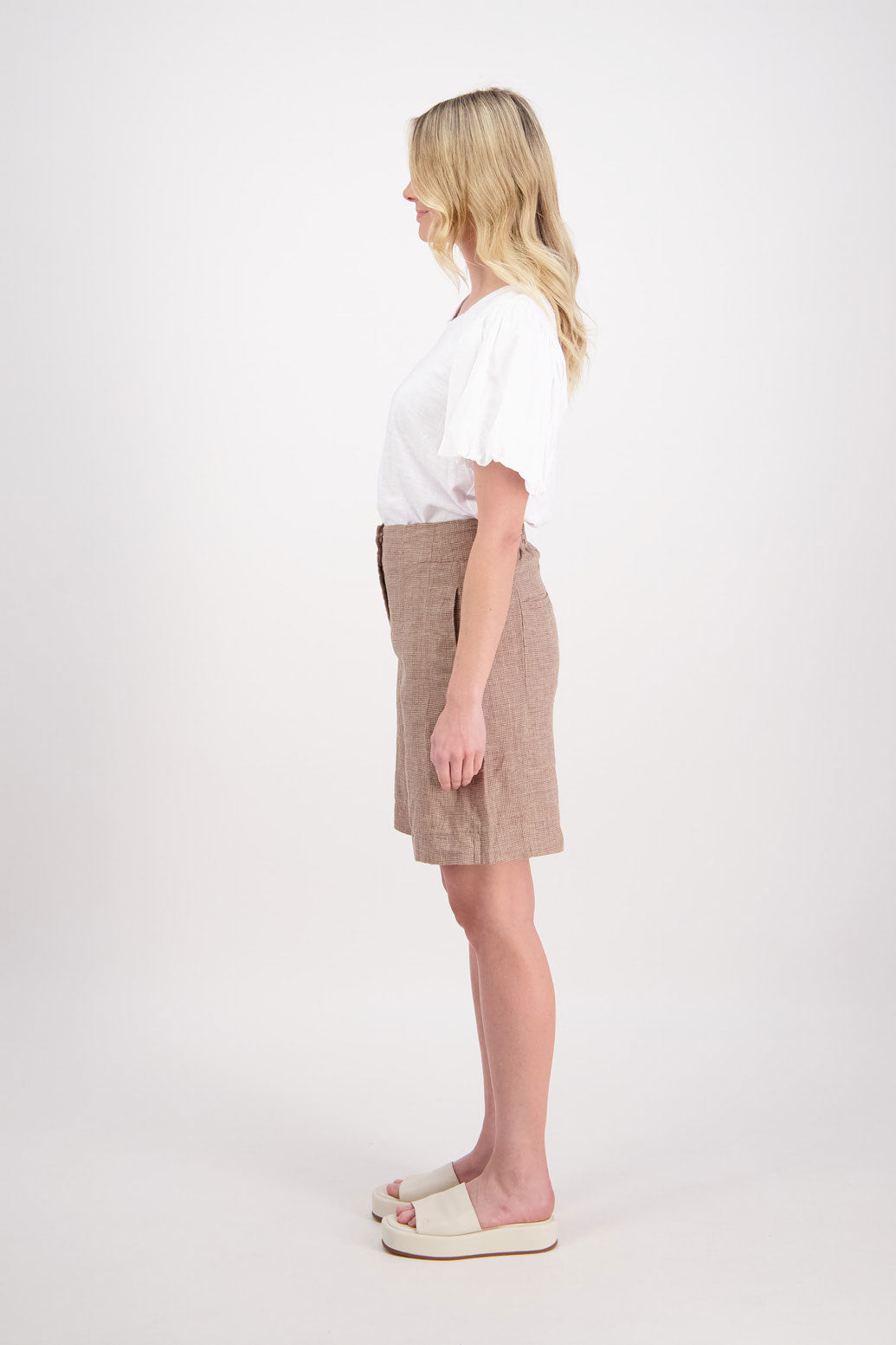 Pax Longline Linen Short - Camel Houndstooth