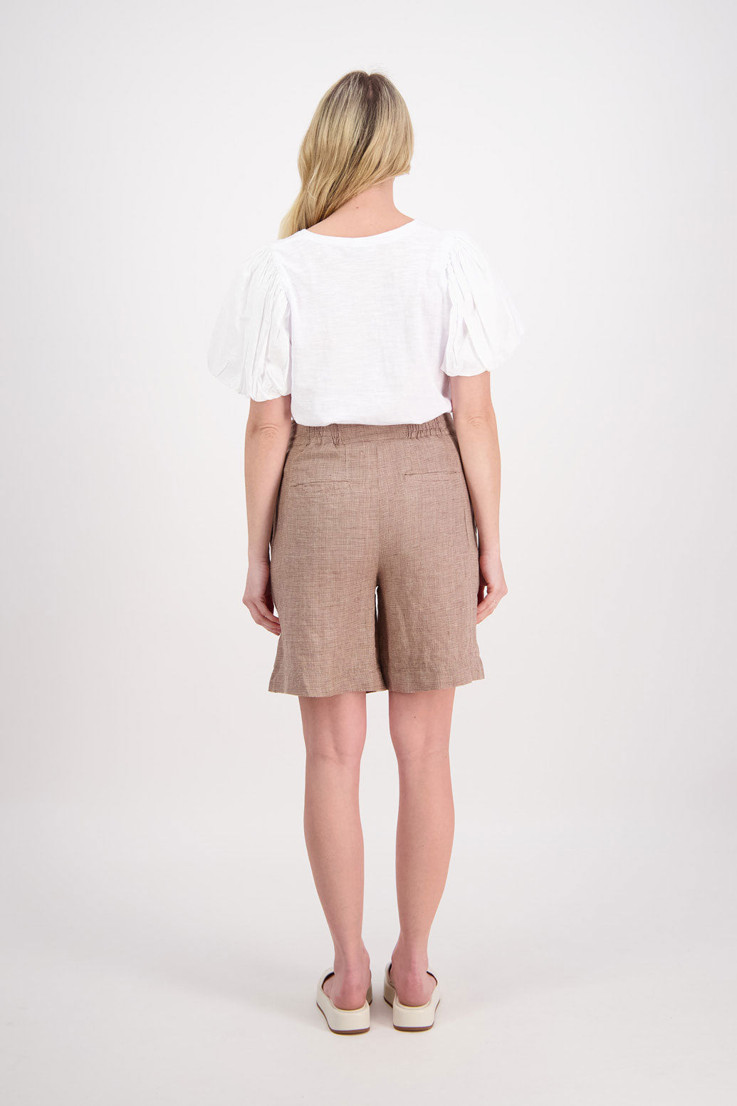 Pax Longline Linen Short - Camel Houndstooth