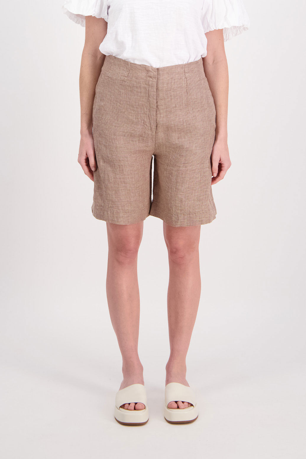 Pax Longline Linen Short - Camel Houndstooth