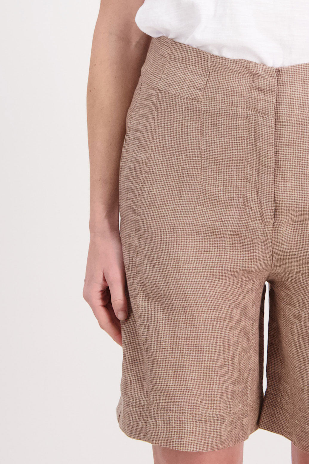 Pax Longline Linen Short - Camel Houndstooth