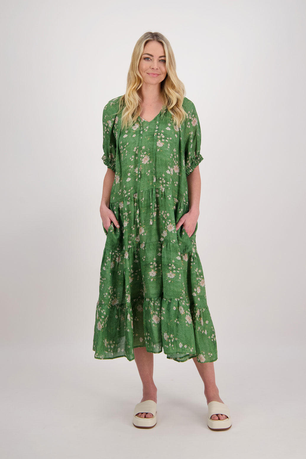 Pearl Short Sleeve Ramie Maxi Dress - Green Floral