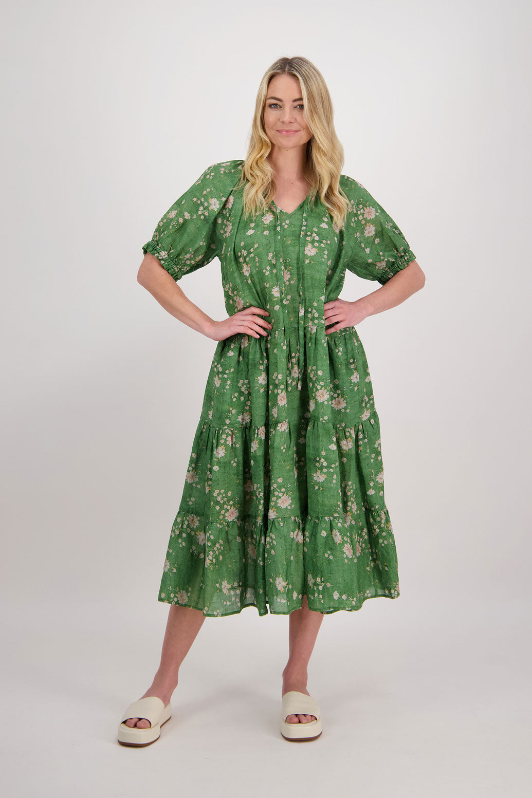 Pearl Short Sleeve Ramie Maxi Dress - Green Floral