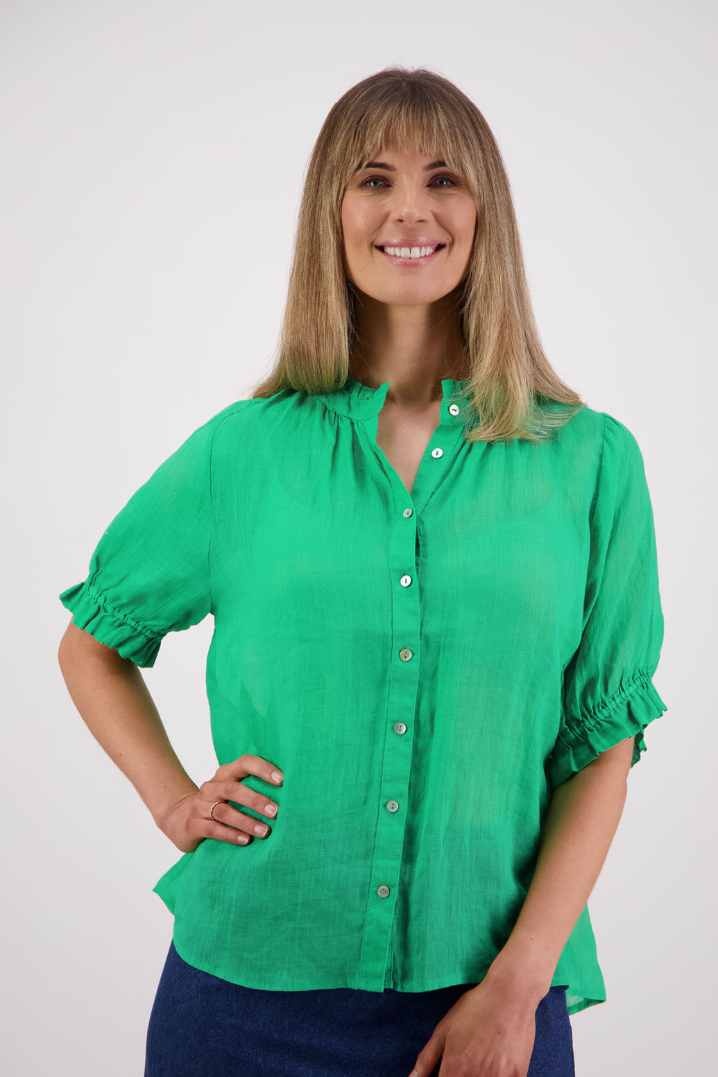 Womens Ramie Classic Short sleeves shirt with ruffles. Briarwood NZ. Pearly - Apple