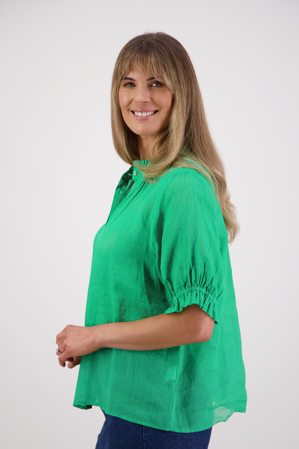 Womens Ramie Classic Short sleeves shirt with ruffles. Briarwood NZ. Pearly - Apple