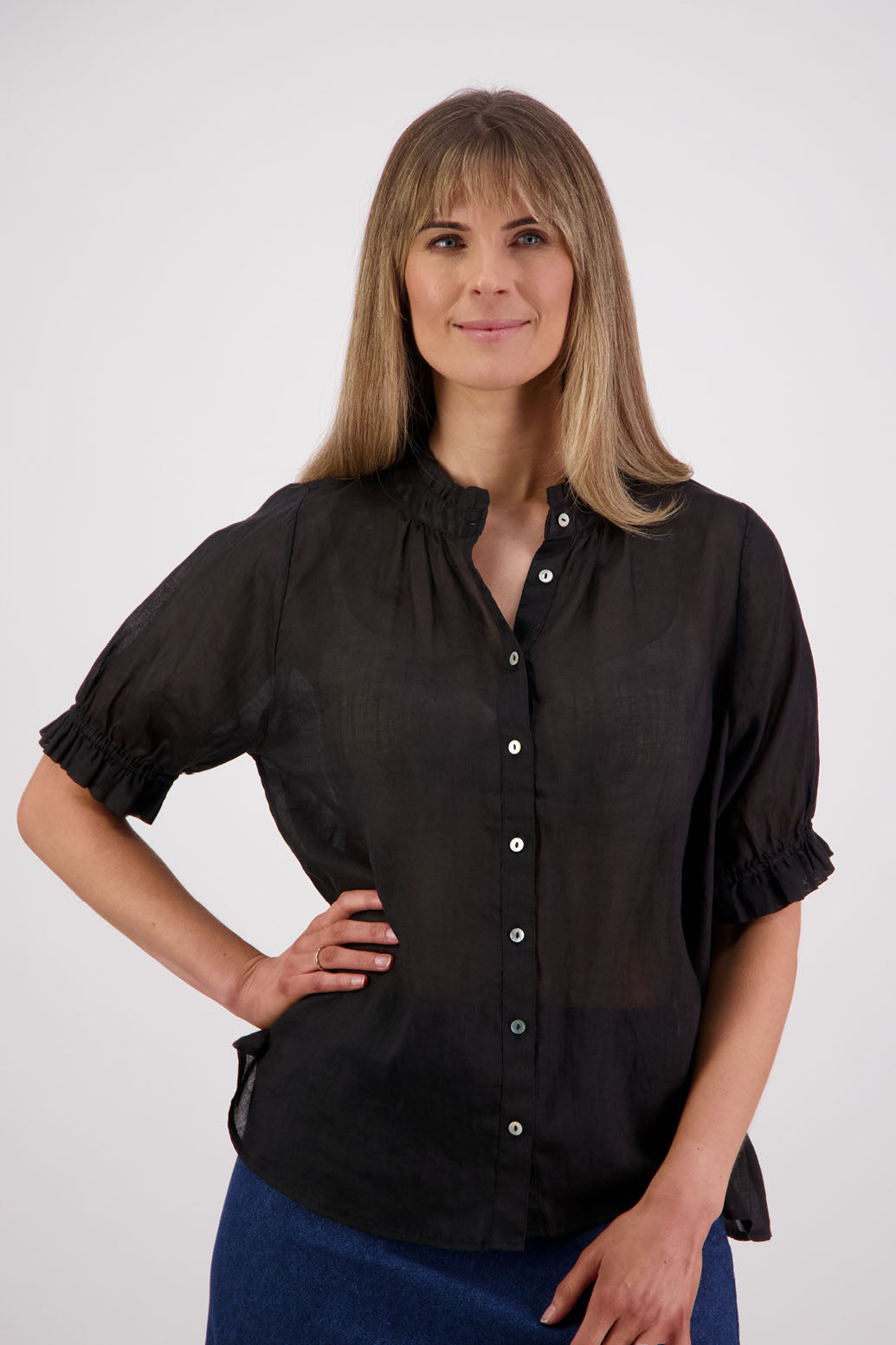 Womens Ramie Classic Short sleeves shirt with ruffles. Briarwood NZ. Pearly - Black