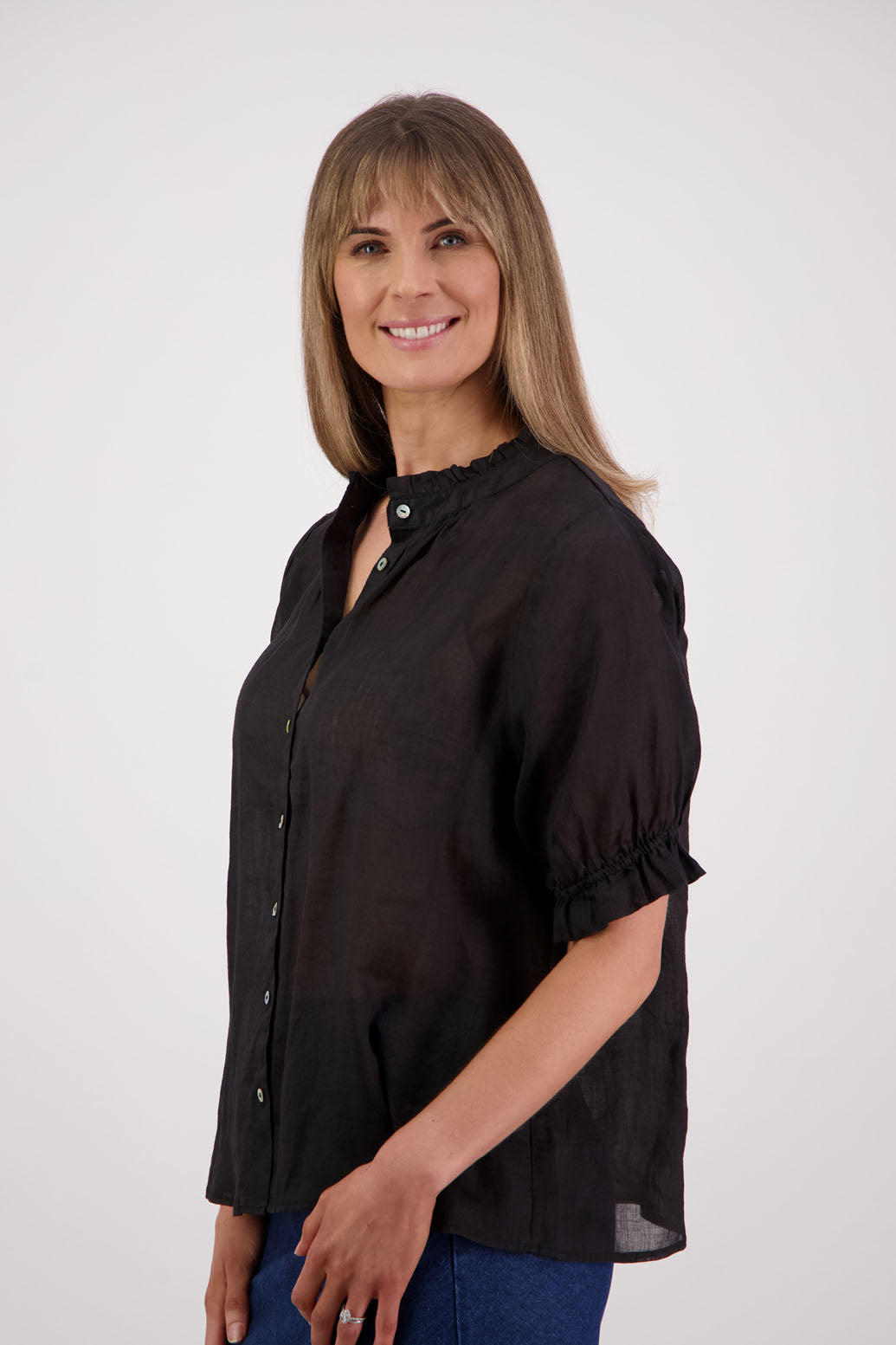 Womens Ramie Classic Short sleeves shirt with ruffles. Briarwood NZ. Pearly - Black