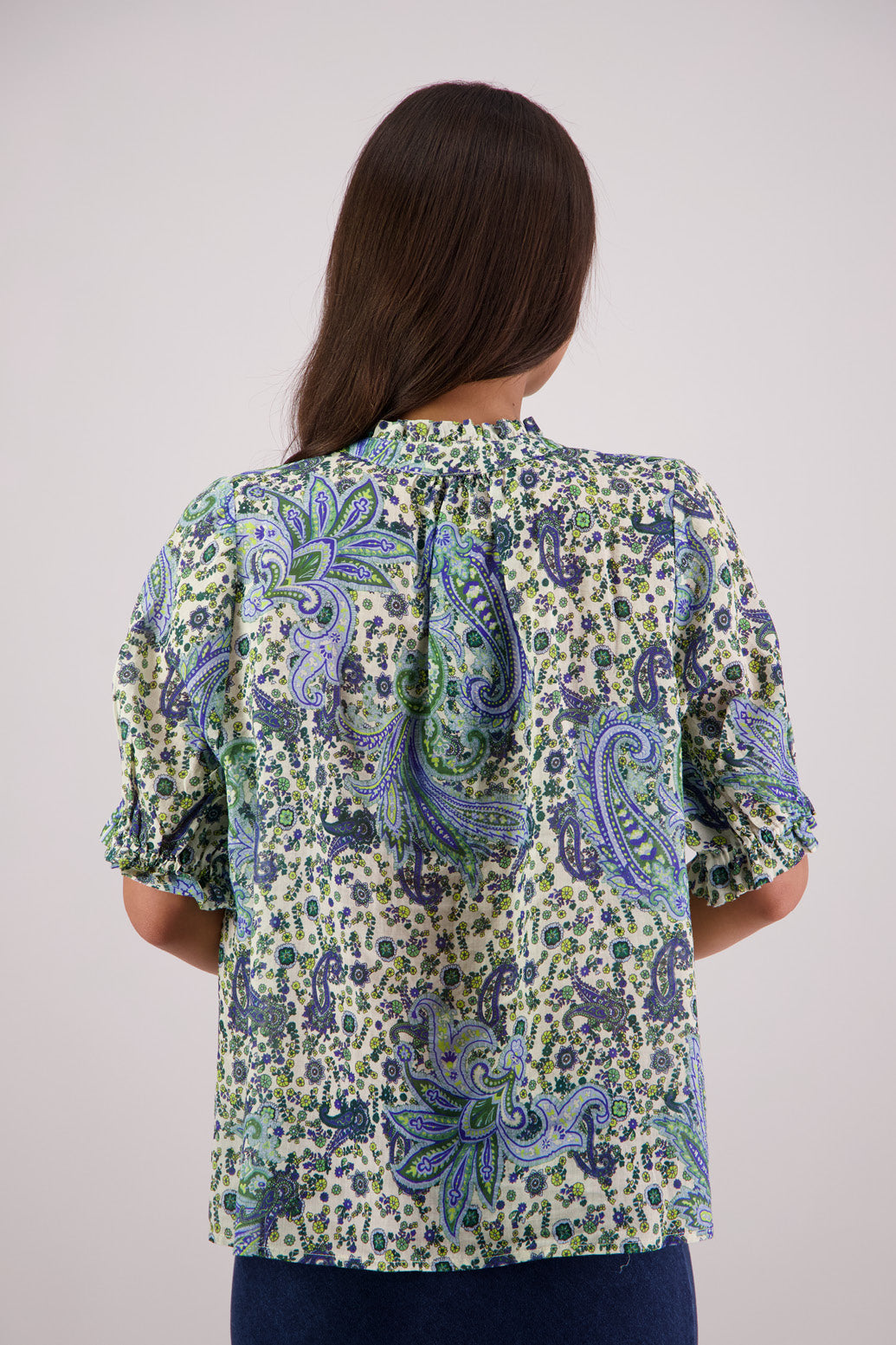 Back view of Briarwood Pearly Shirt in Blue Paisley print.
