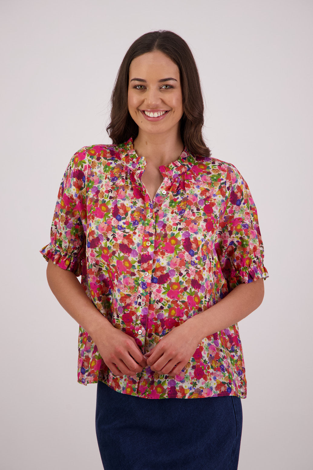 Briarwood Pearly Shirt in Bright Floral print, 100% Ramie.