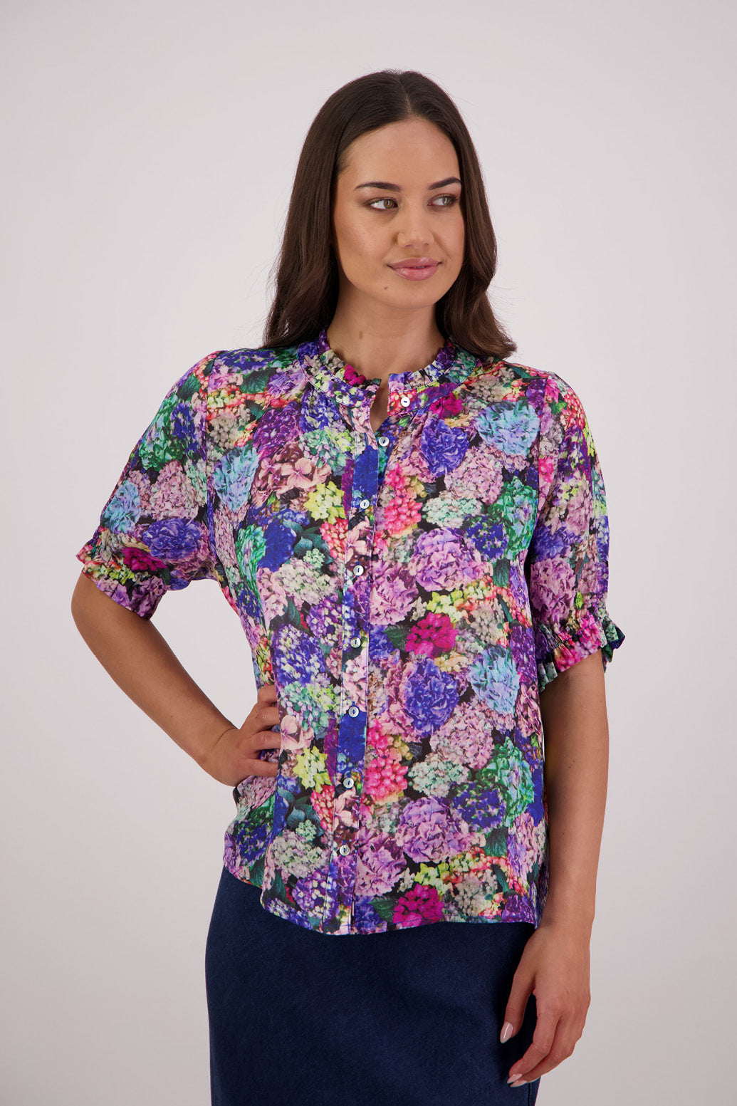Briarwood Pearly Shirt in Hydrangea print, 100% Ramie.