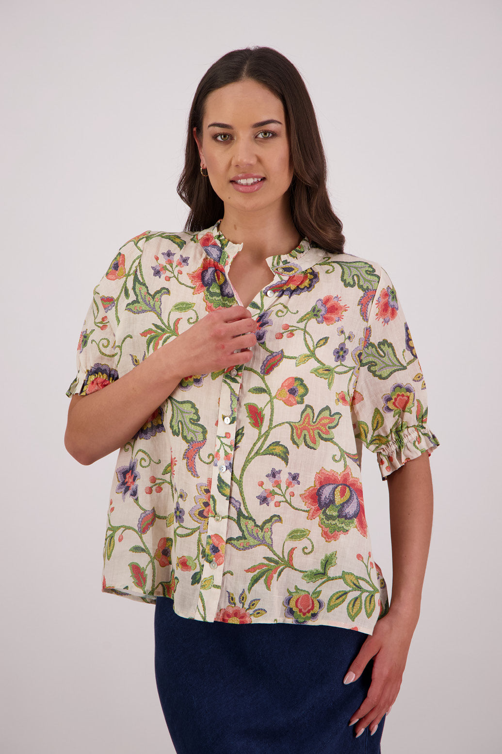 Briarwood Pearly Shirt in Jacobean print, 100% Ramie.