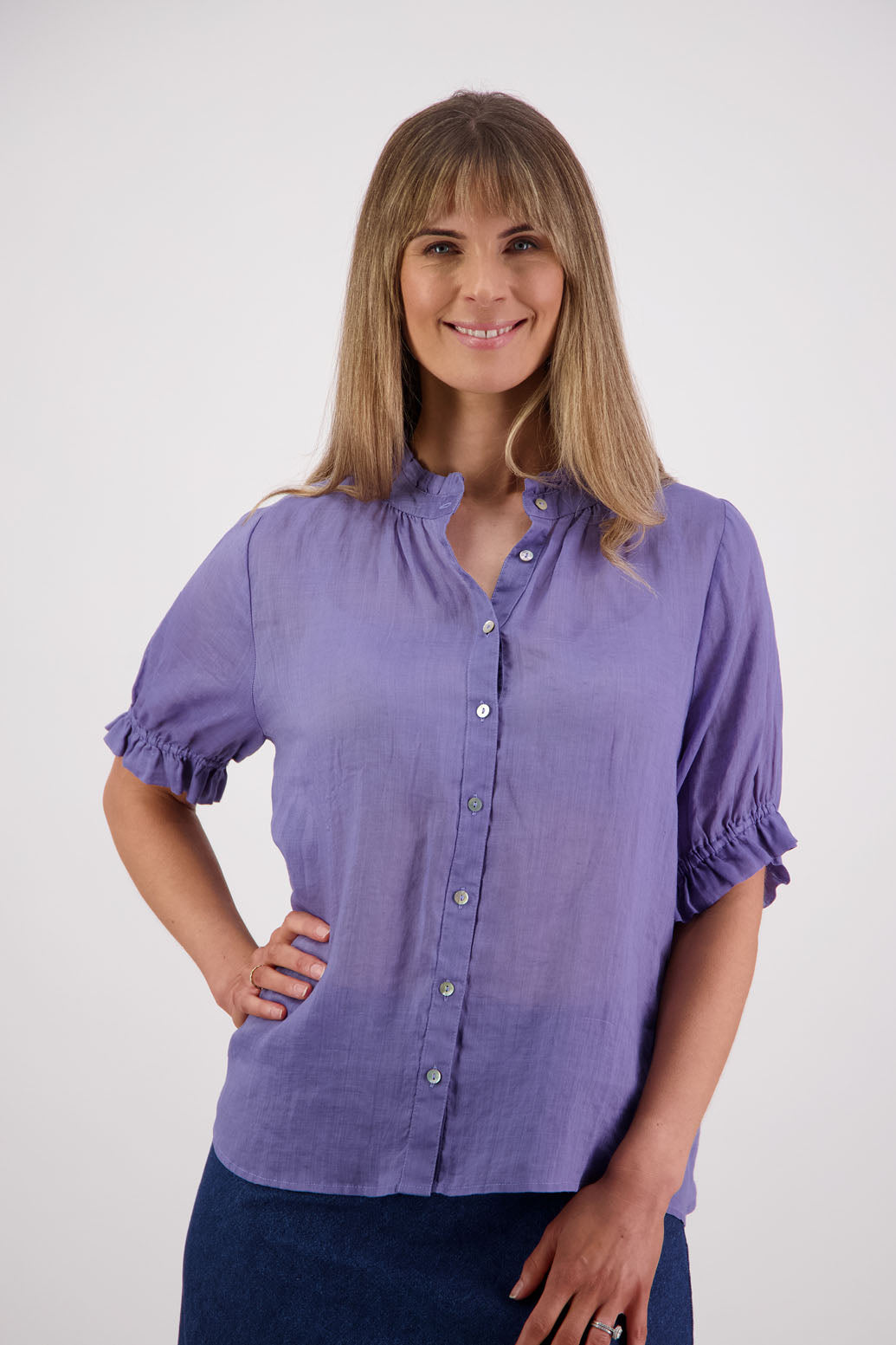 Womens Ramie Classic Short sleeves shirt with ruffles. Briarwood NZ. Pearly - Lavender
