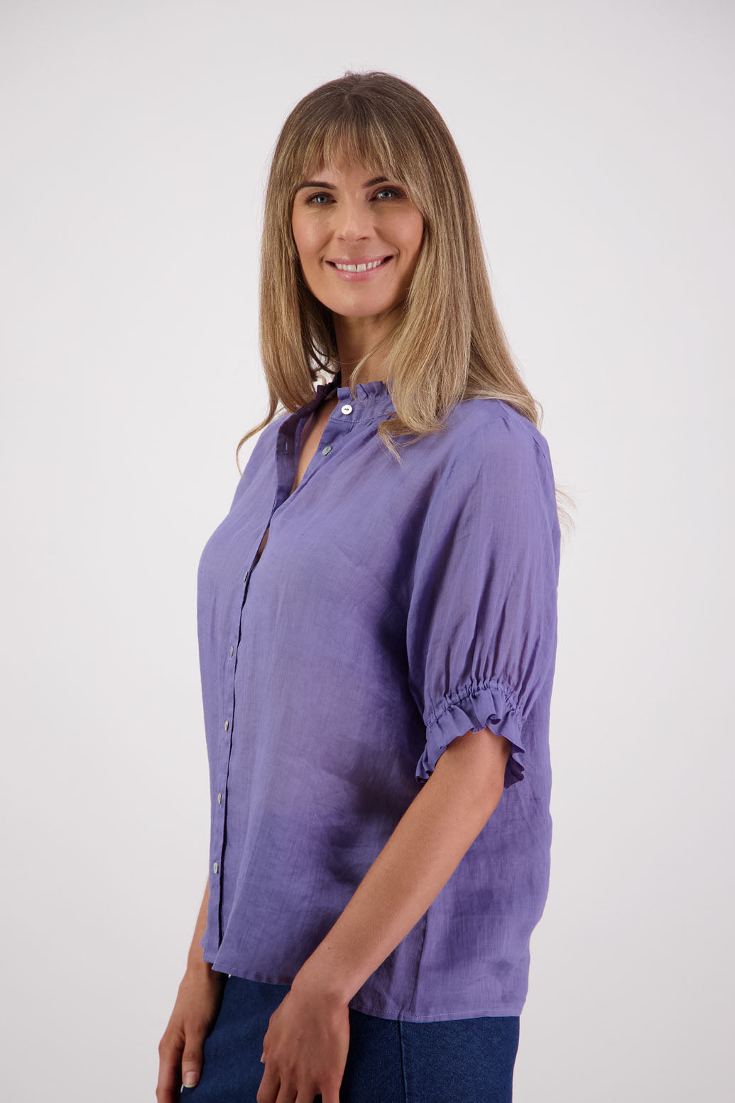 Womens Ramie Classic Short sleeves shirt with ruffles. Briarwood NZ. Pearly - Lavender