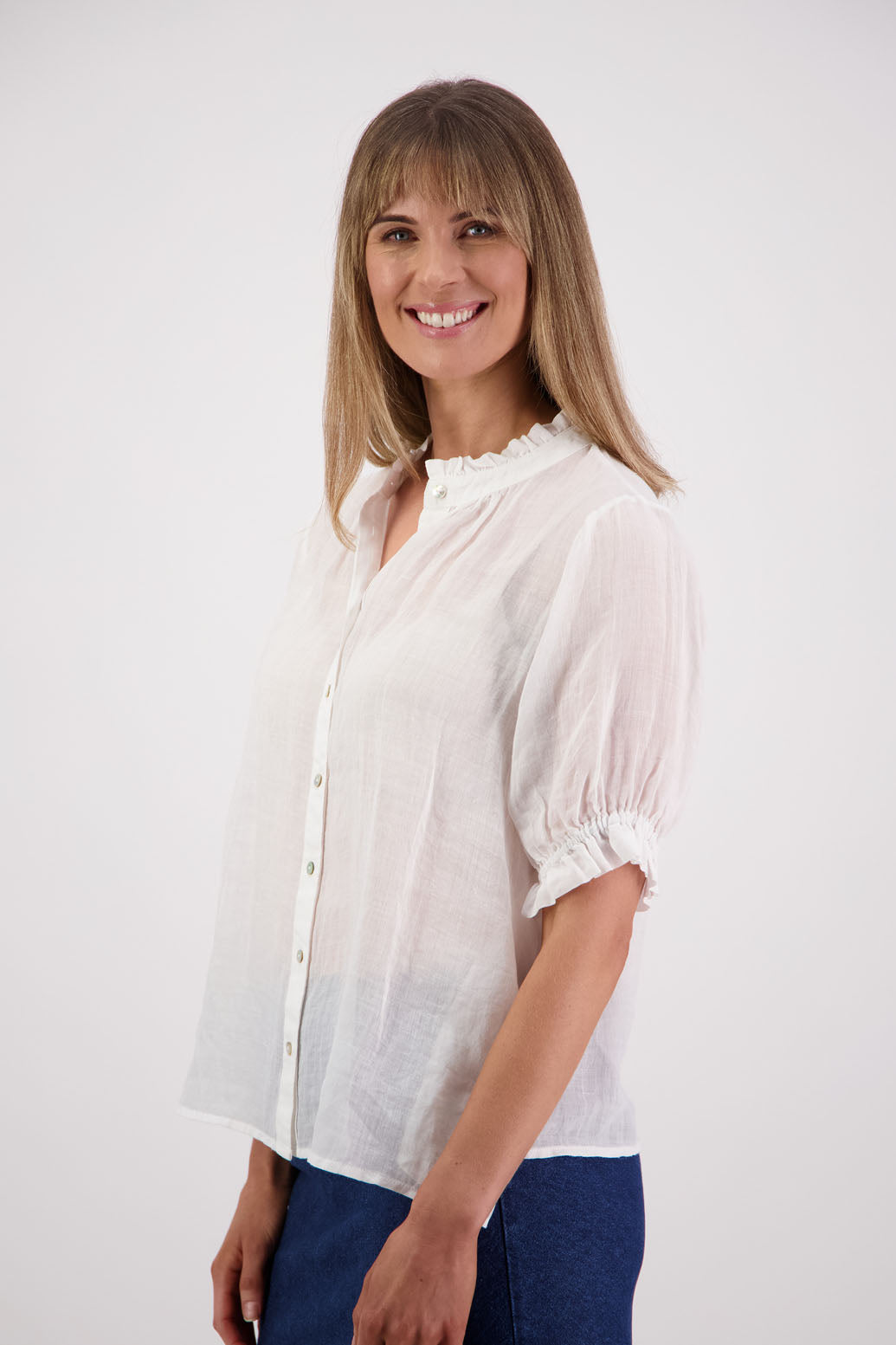 Womens Ramie Classic Short sleeves shirt with ruffles. Briarwood NZ. Pearly - White