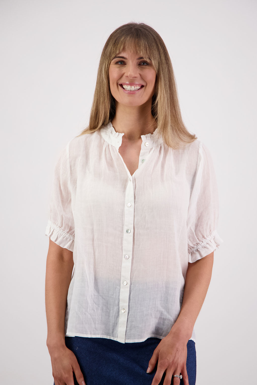 Womens Ramie Classic Short sleeves shirt with ruffles. Briarwood NZ. Pearly - White