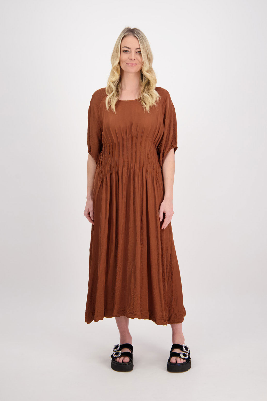 Penelope Womens Tan Midi Dress with Pin Tucked Waist Front and Back and Side Zip Closure