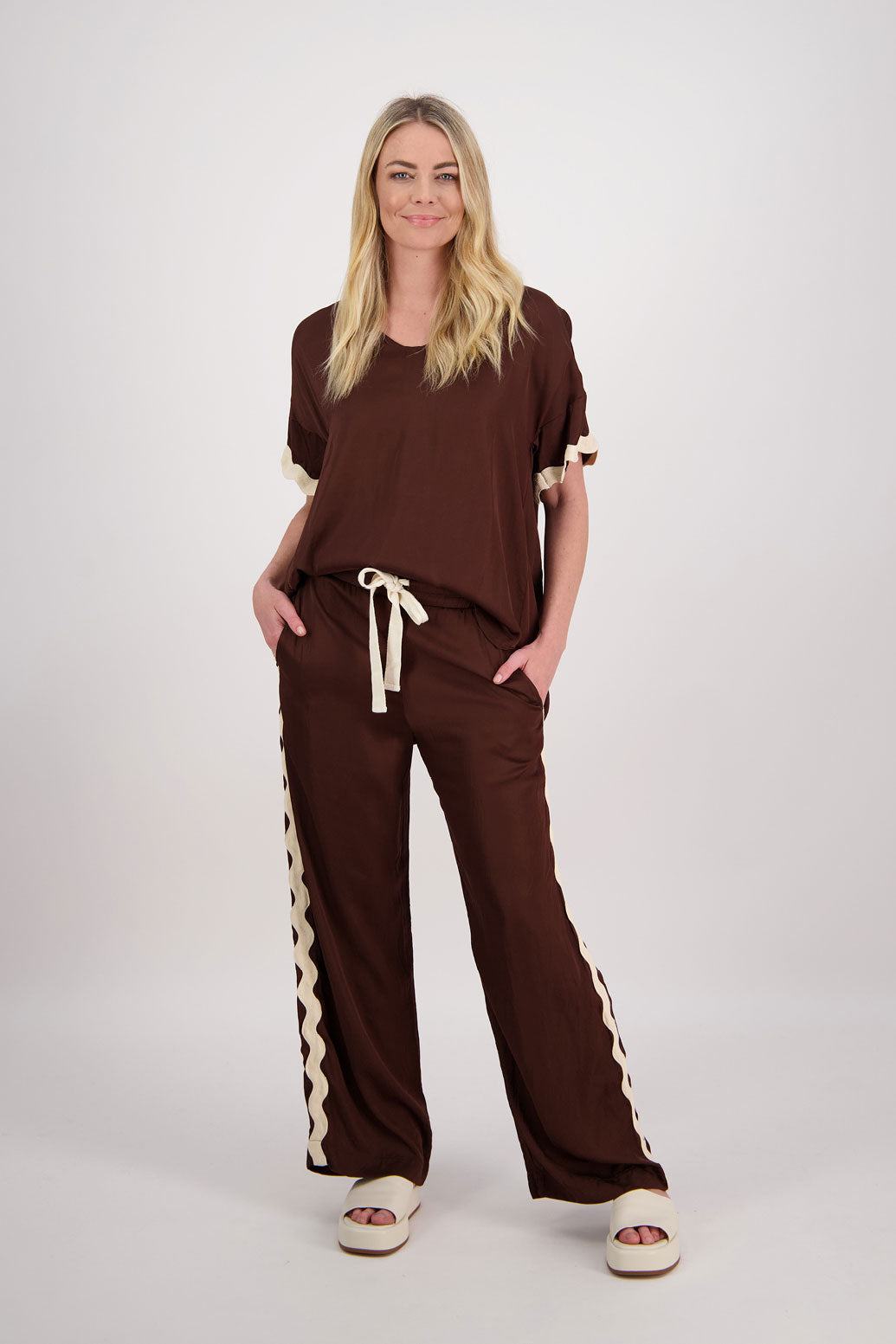 Pepper Wide Leg Pant with Ivory Rikrak stripe - Chocolate