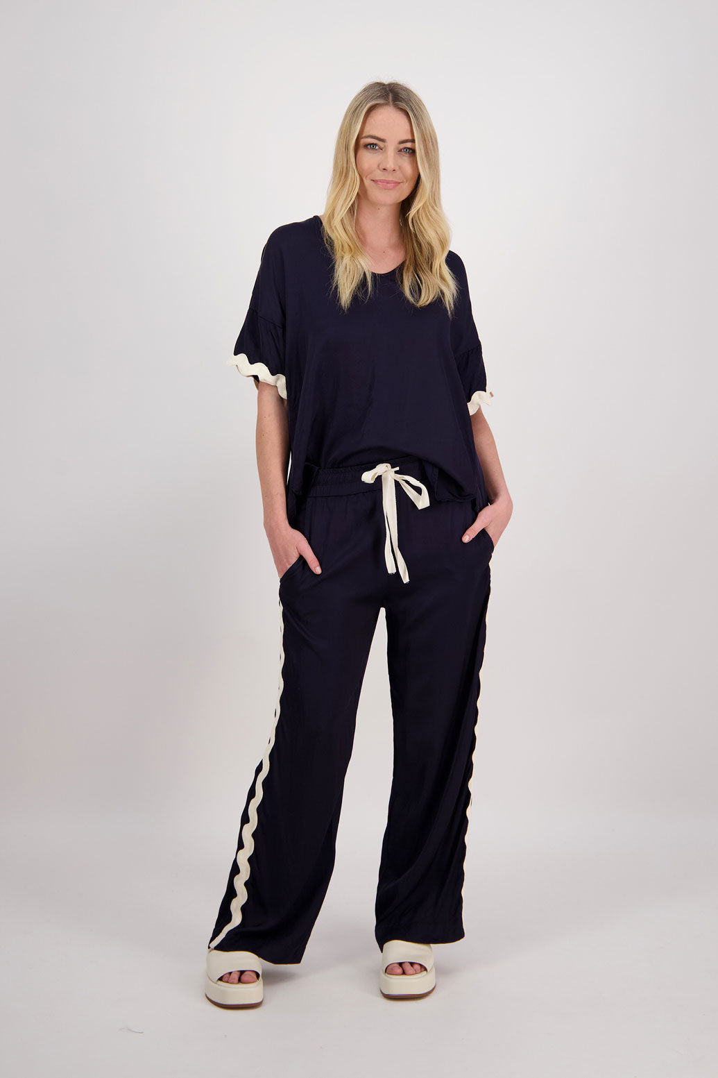 Pepper Wide Leg Pant with Ivory Rikrak stripe - Ink