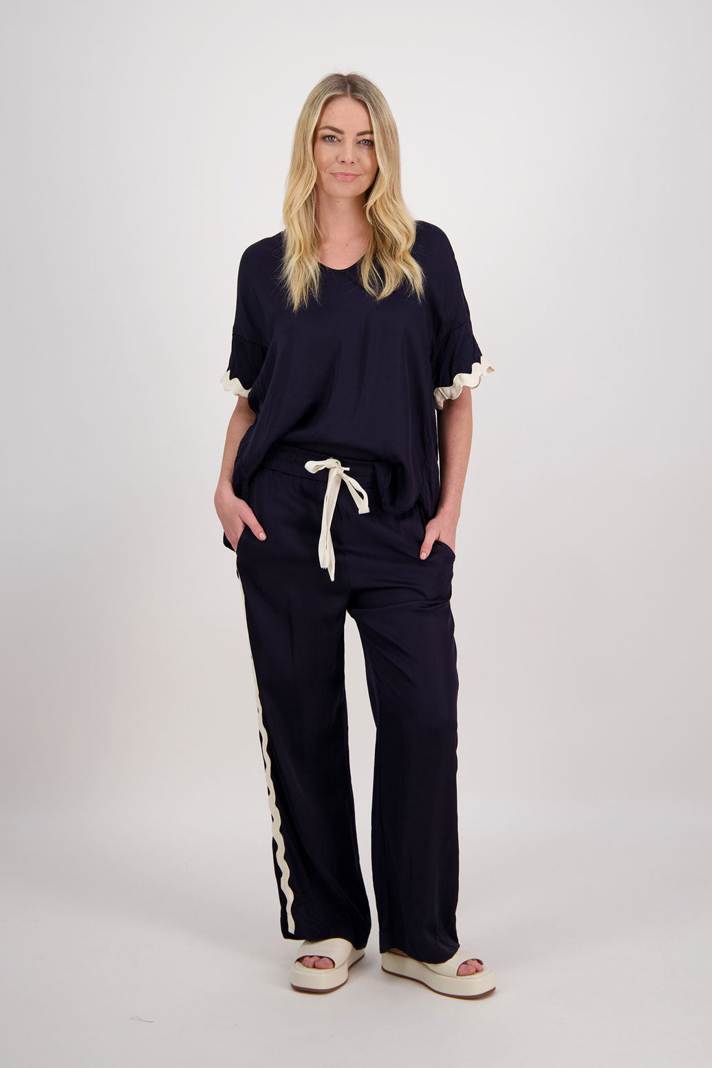 Pepper Wide Leg Pant with Ivory Rikrak stripe - Ink