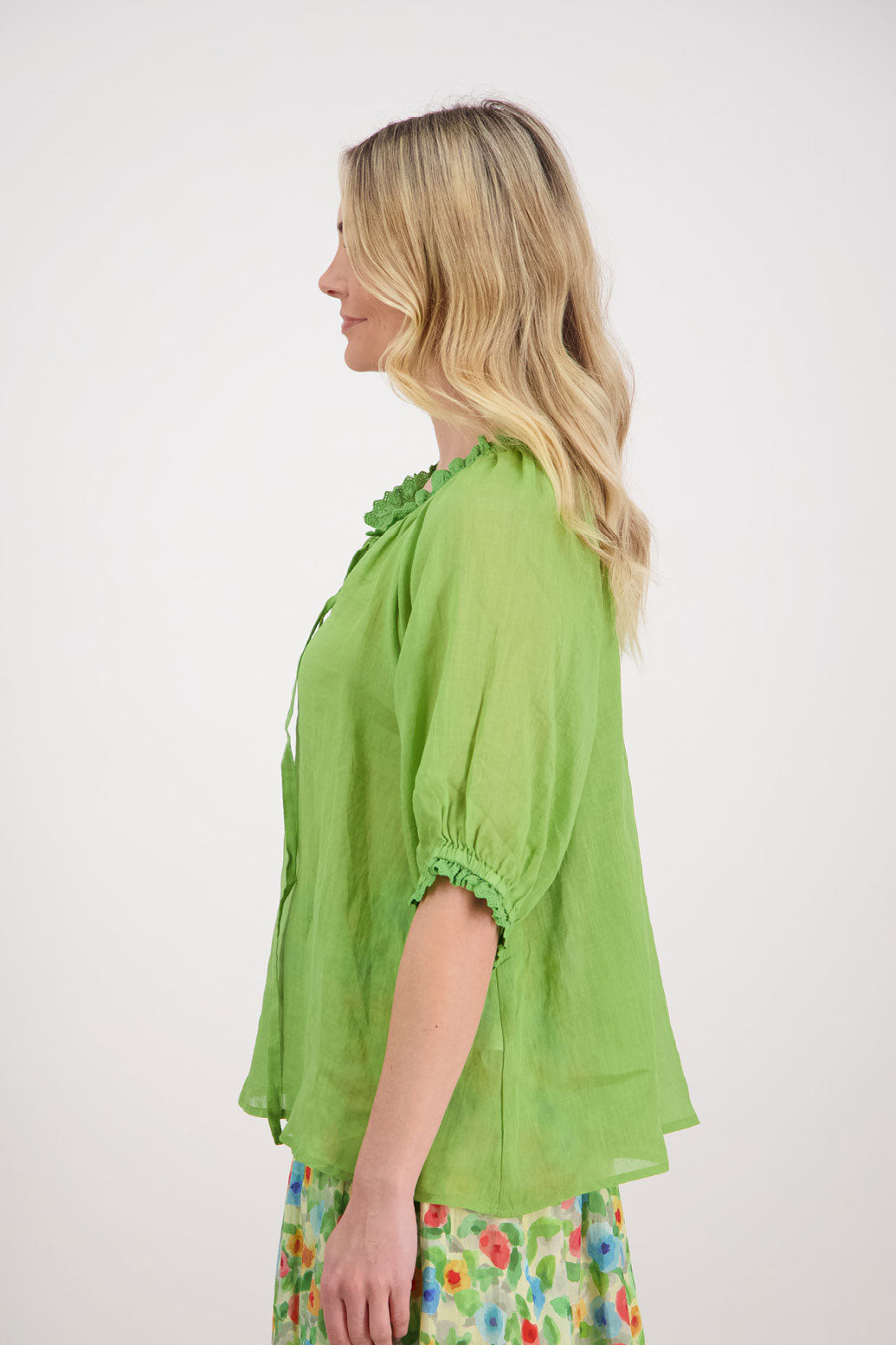 Percy V Neck with Tie Short Sleeve Top - Green