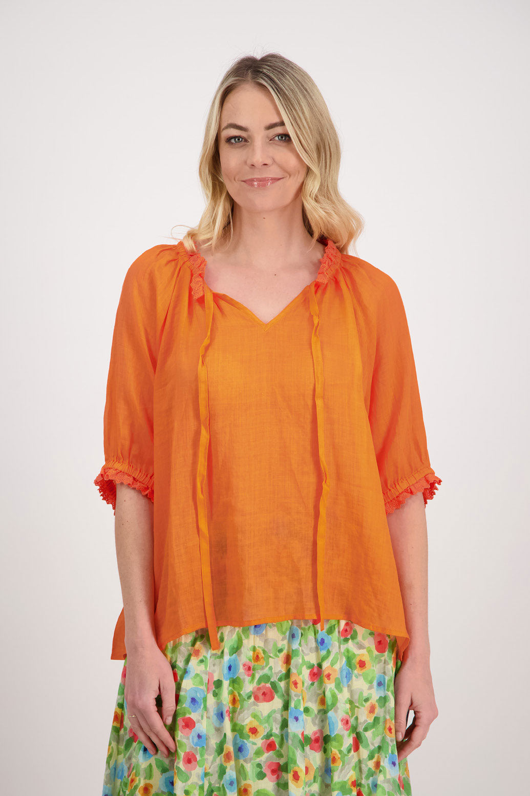 Percy V Neck with Tie Short Sleeve Top - Orange