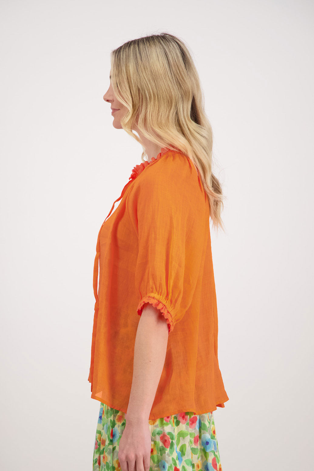 Percy V Neck with Tie Short Sleeve Top - Orange