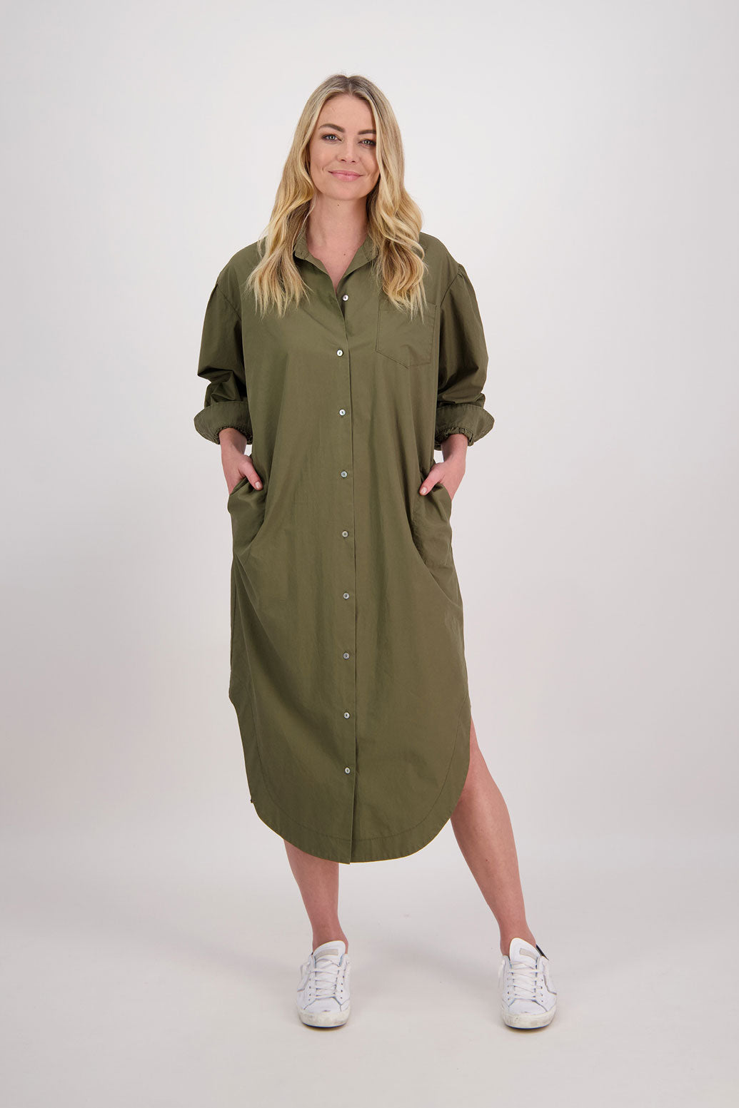 Womens Shirt Dress, Midi Length with 3/4 Sleeves. Khaki