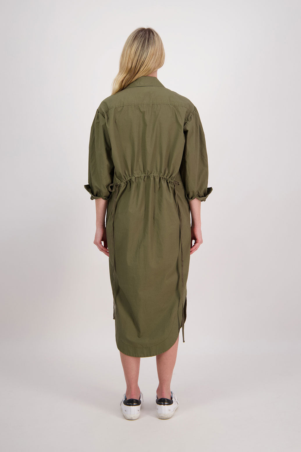 Womens Shirt Dress, Midi Length with 3/4 Sleeves. Khaki