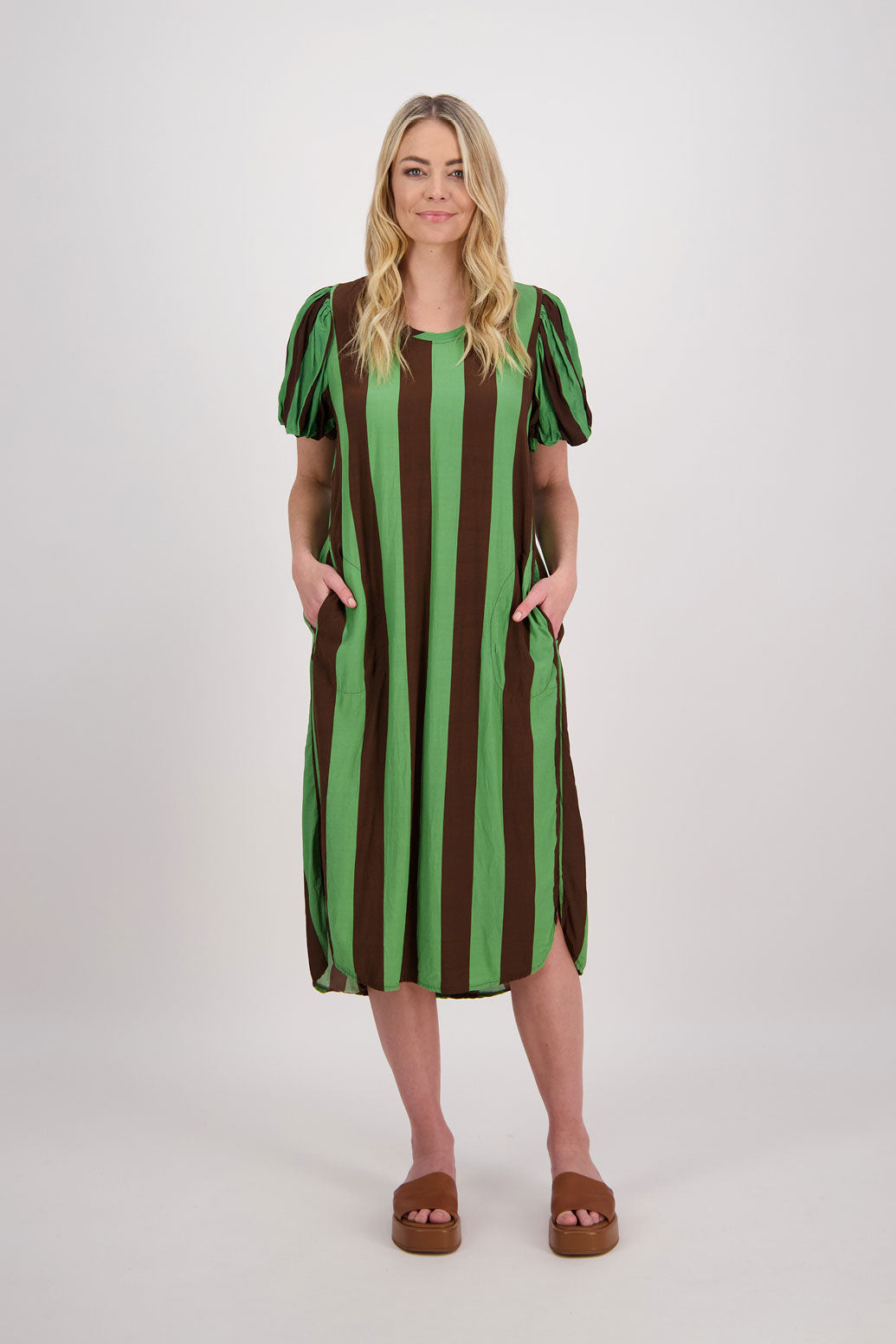 Petra Puff Sleeve Mid Dress with Pockets - Chocolate/Green Stripe