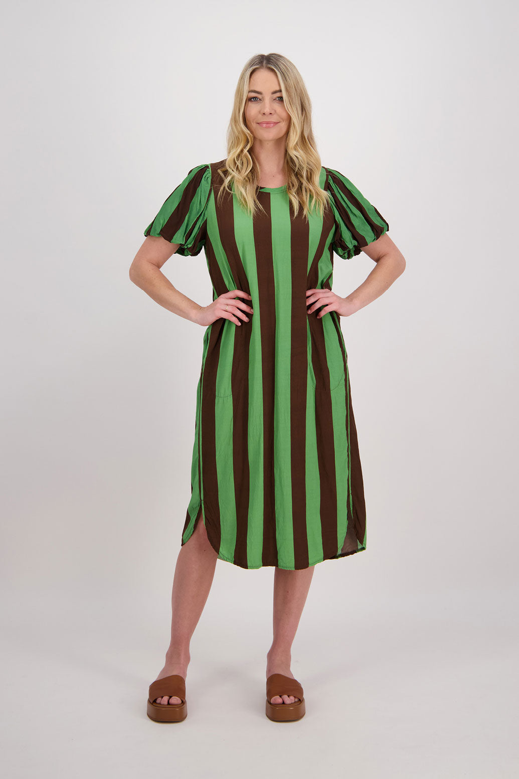 Petra Puff Sleeve Mid Dress with Pockets - Chocolate/Green Stripe