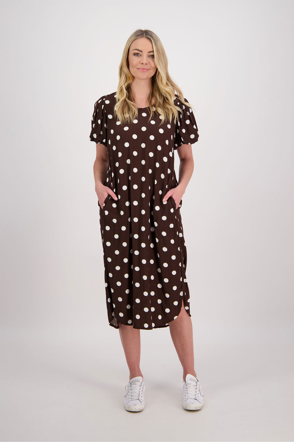 Petra Puff Sleeve Mid Dress with Pockets - Chocolate Spot