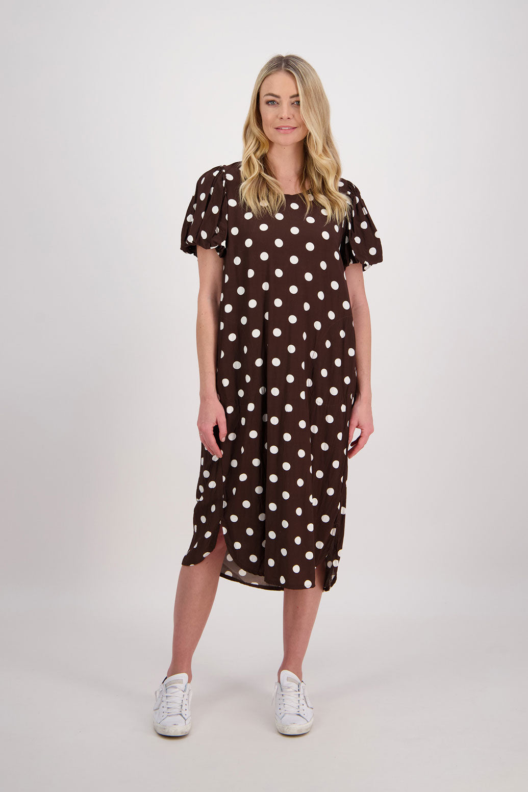 Petra Puff Sleeve Mid Dress with Pockets - Chocolate Spot