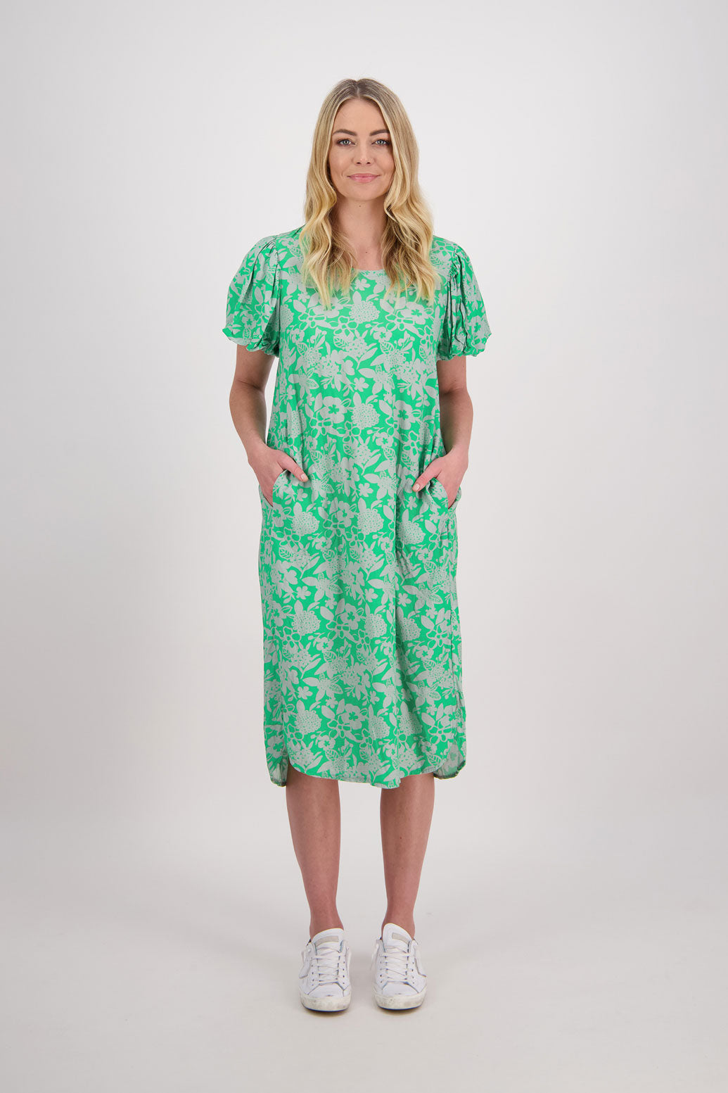 Petra Puff Sleeve Mid Dress with Pockets - Grey/Green Floral