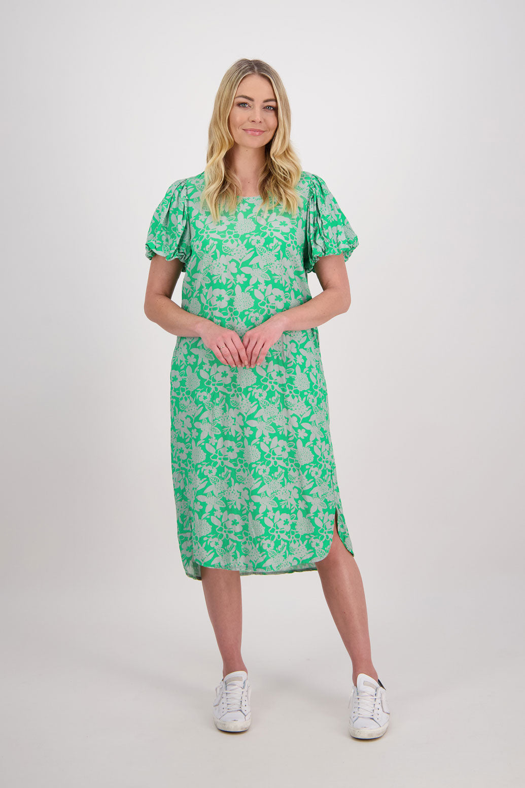 Petra Puff Sleeve Mid Dress with Pockets - Grey/Green Floral