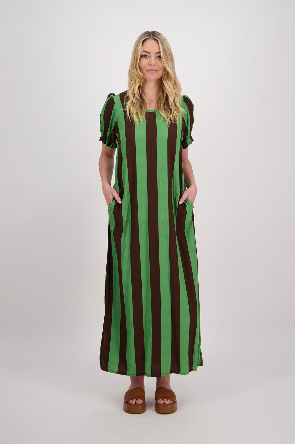 Petunia Maxi Dress with Side Splits + Pockets - Chocolate/Green Stripe