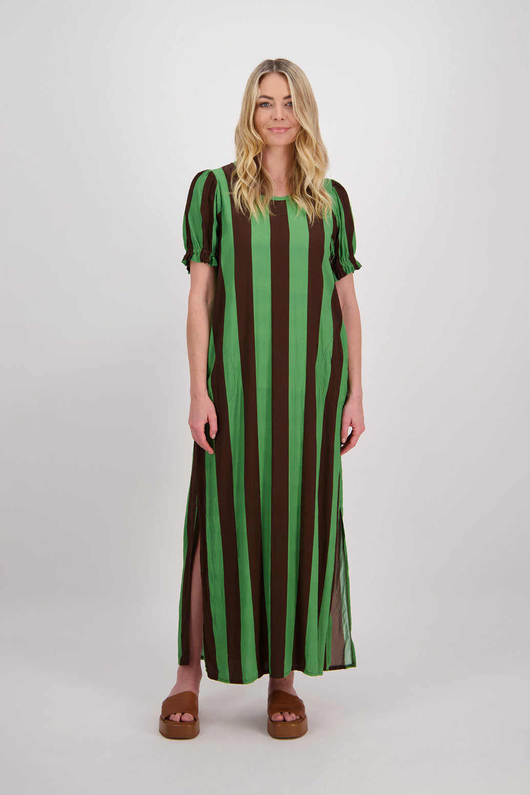 Petunia Maxi Dress with Side Splits + Pockets - Chocolate/Green Stripe