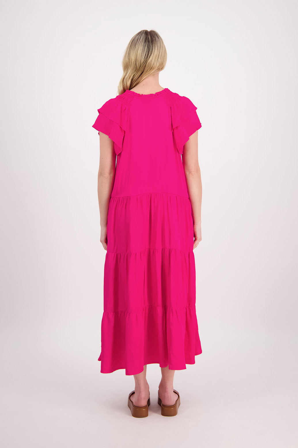 Philippa Womens Fuchsia/Pink Maxi Triple Tier Dress with V Neck and Tie. Double ruffle over the shoulder and Pockets.