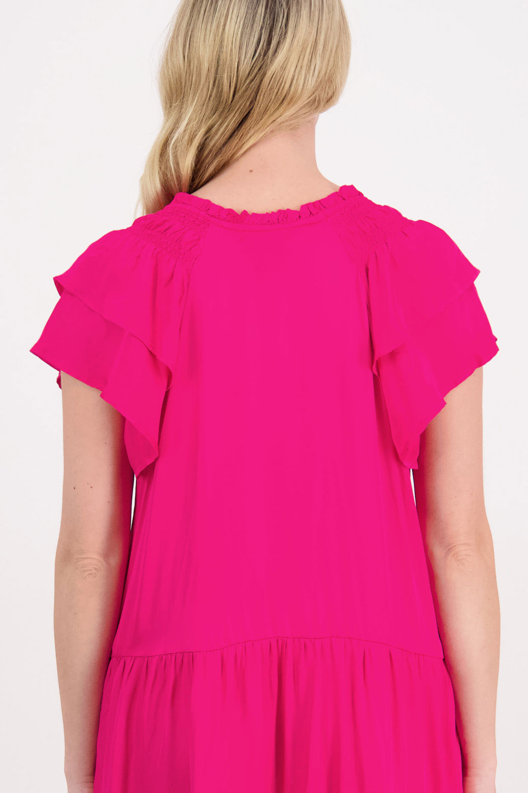 Philippa Womens Fuchsia/Pink Maxi Triple Tier Dress with V Neck and Tie. Double ruffle over the shoulder and Pockets.