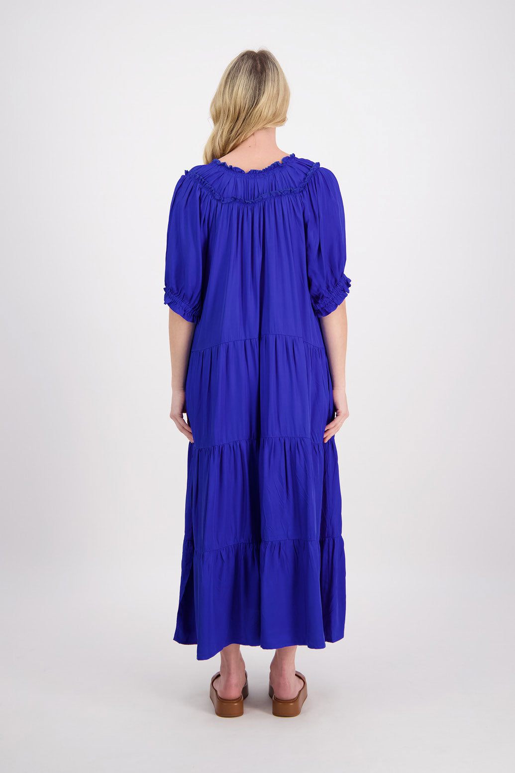 Philomena Womens Bright Blue Maxi Dress with Elbow Length Sleeves. Triple Tier, V Neck with Tie and Pockets.