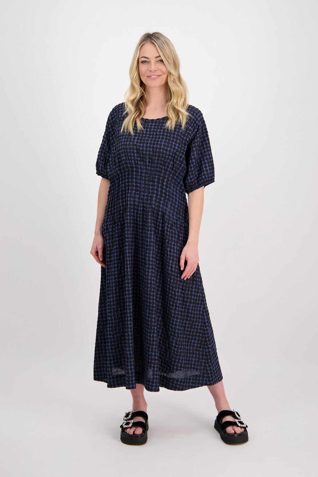 Phyllis Cotton Pin Tucked Midi Dress - Black/Blue Spot