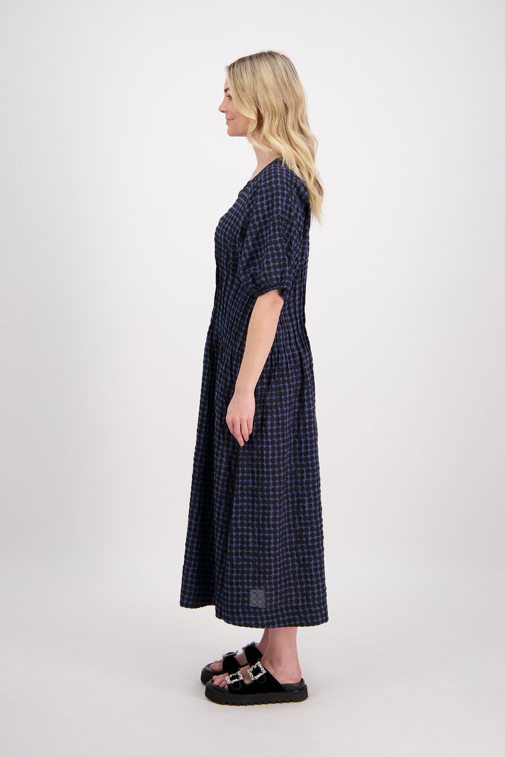 Phyllis Cotton Pin Tucked Midi Dress - Black/Blue Spot