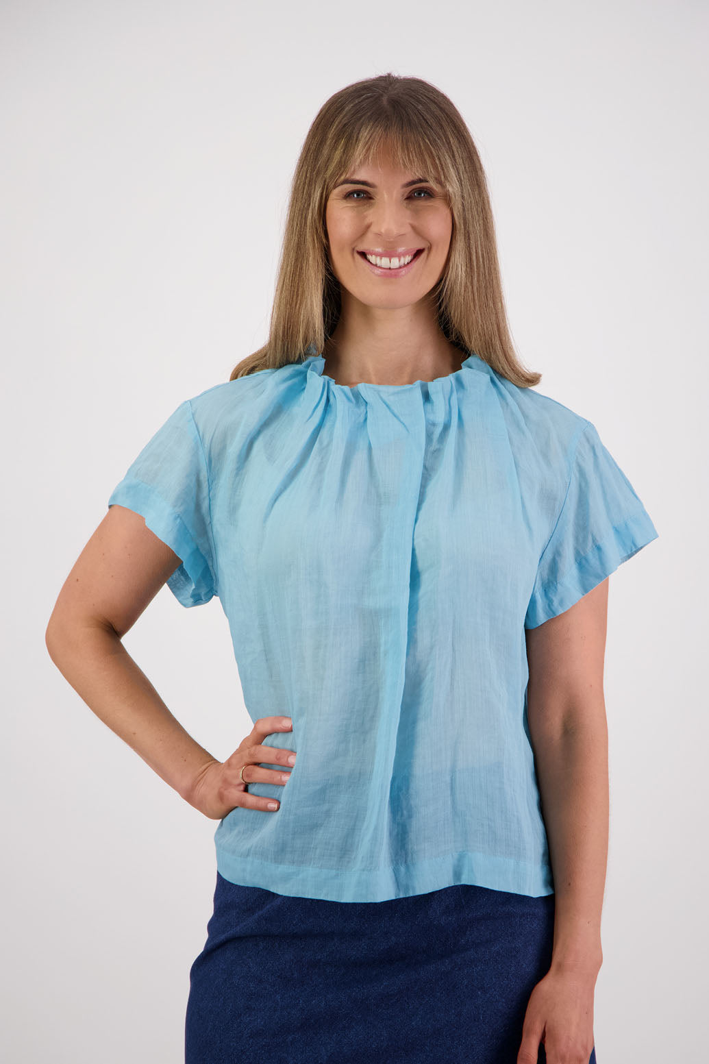 Women's Short Sleeve Top with Pleated Neck. Briarwood NZ. Pia, Aqua