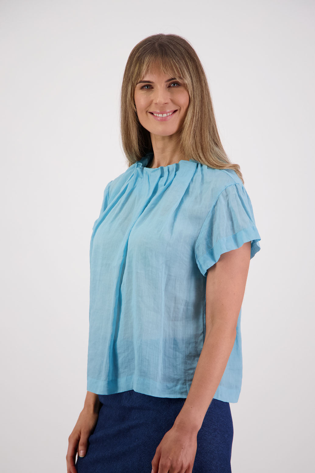 Women's Short Sleeve Top with Pleated Neck. Briarwood NZ. Pia, Aqua